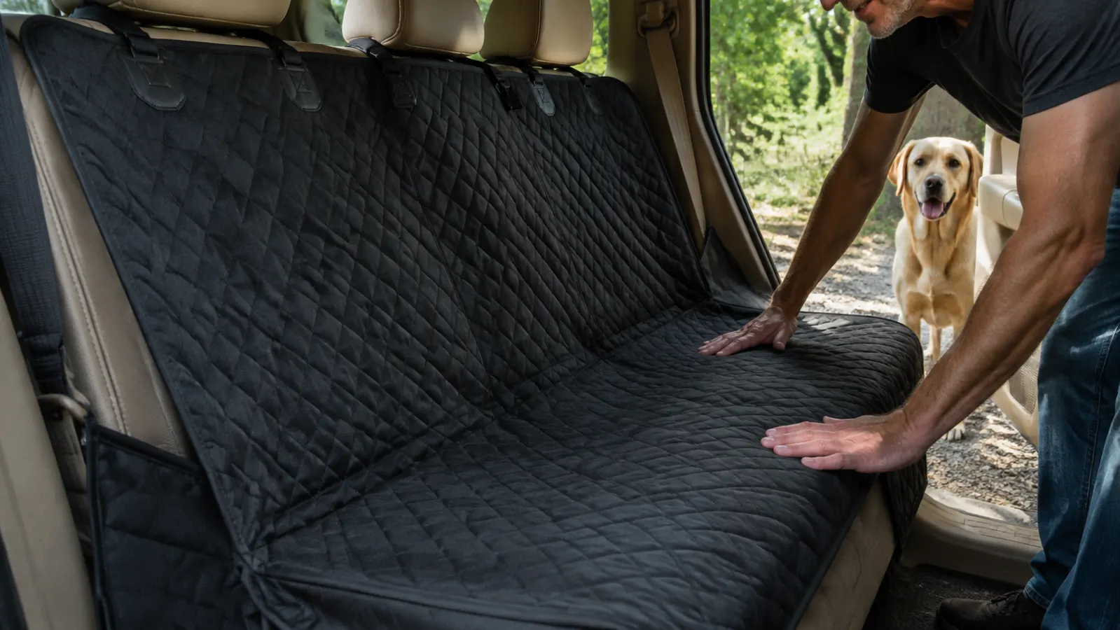 A dog lies on a hammock-style seat cover in a truck back seat while a hand adjusts the strap