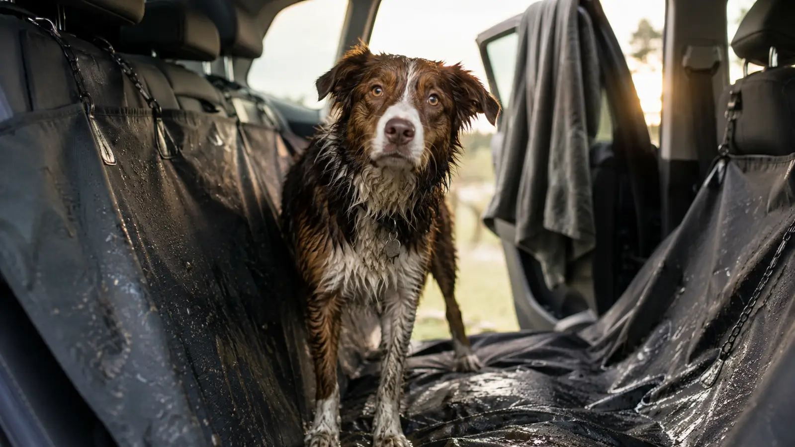 A dog's front paw resting on the edge of a hammock-style seat cover in a truck's back seat