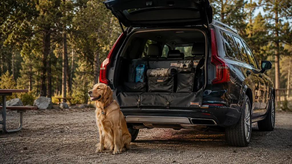 A large dog resting on a cargo liner in an SUV cargo area with a travel water bowl and stacked bags