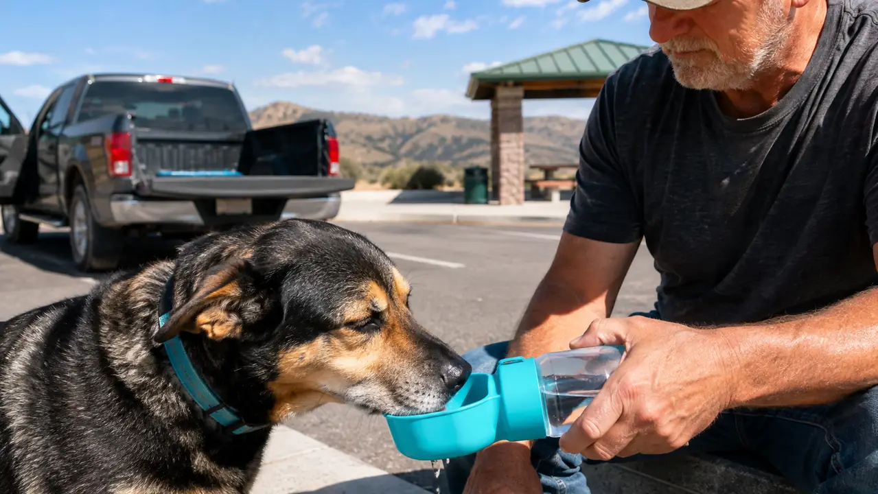 A hand holding a travel water bottle while a dog drinks from the small cup attached to the cap
