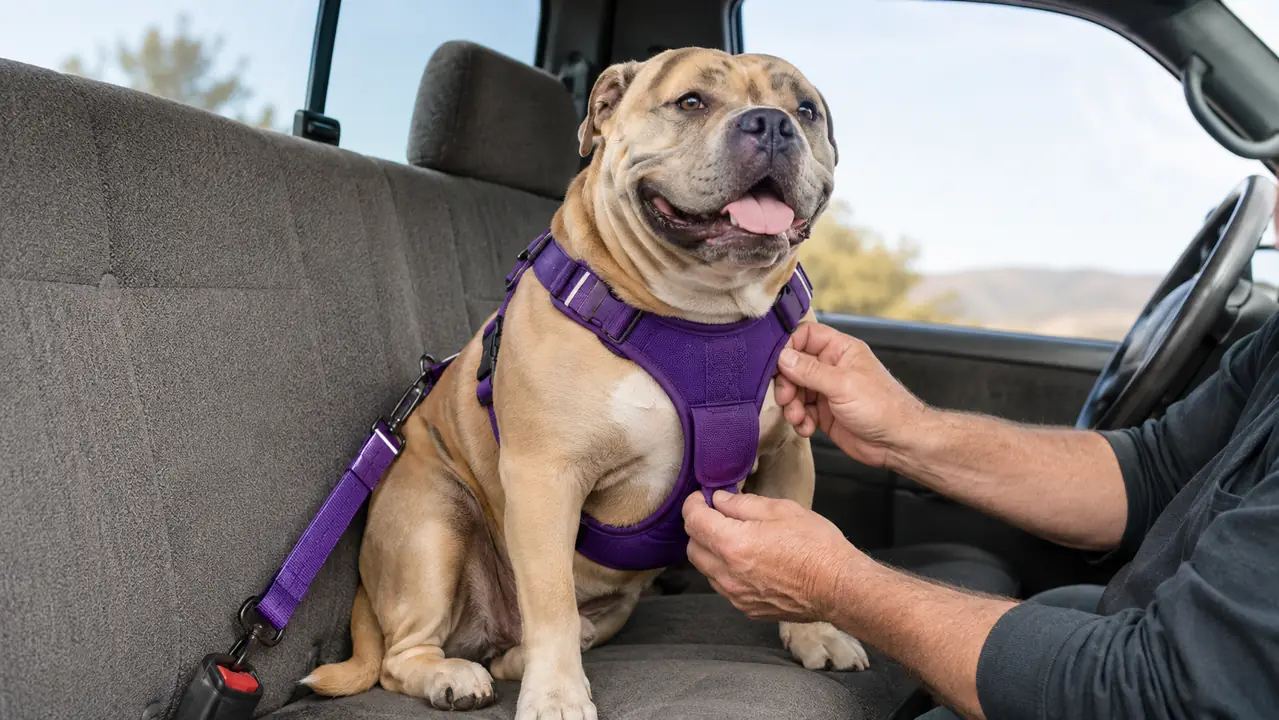 A large dog wearing a harness in the back seat of a pickup truck, with a person's hand adjusting the chest strap