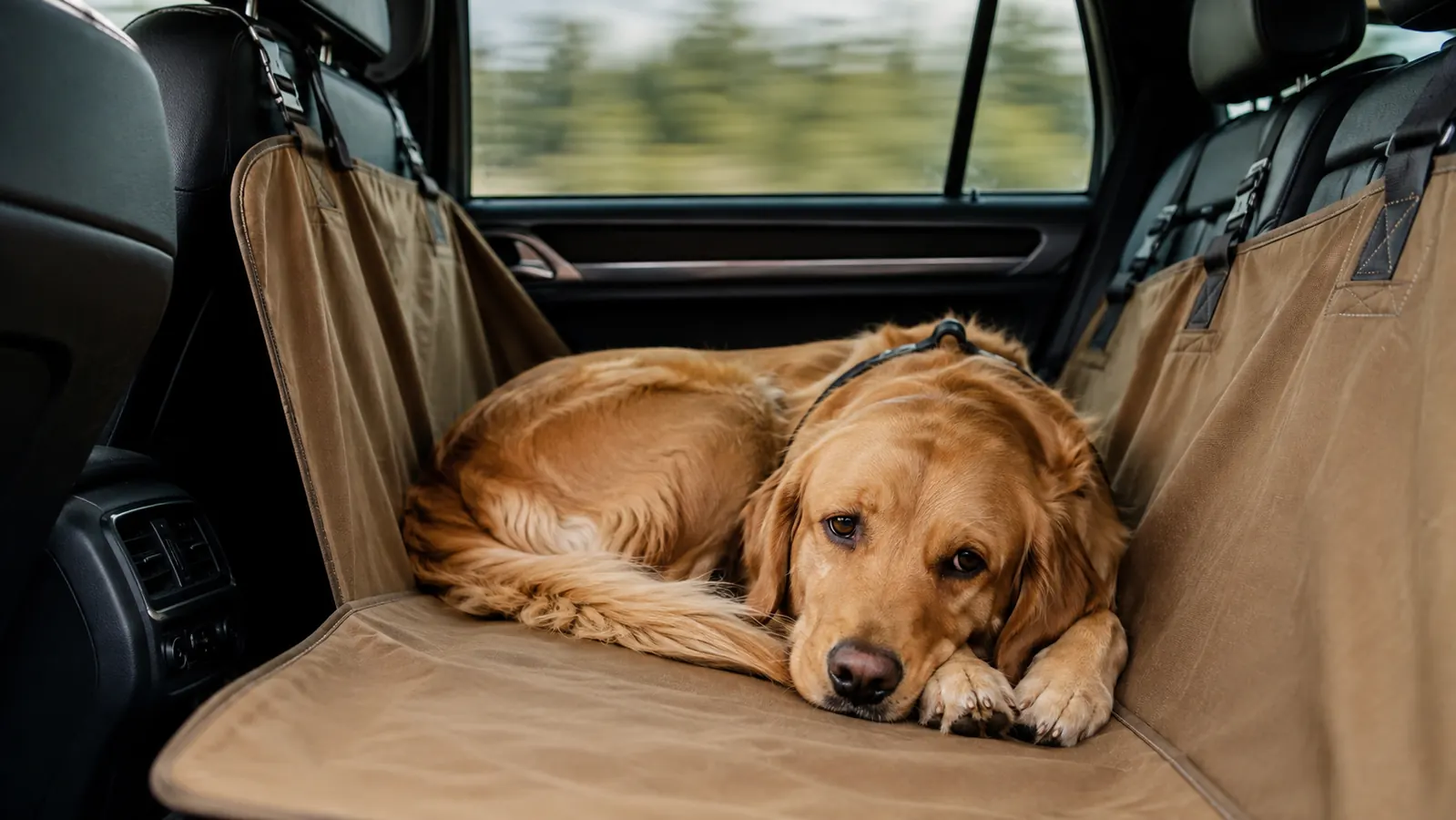 A large dog resting on the back seat during a long highway drive, late afternoon light