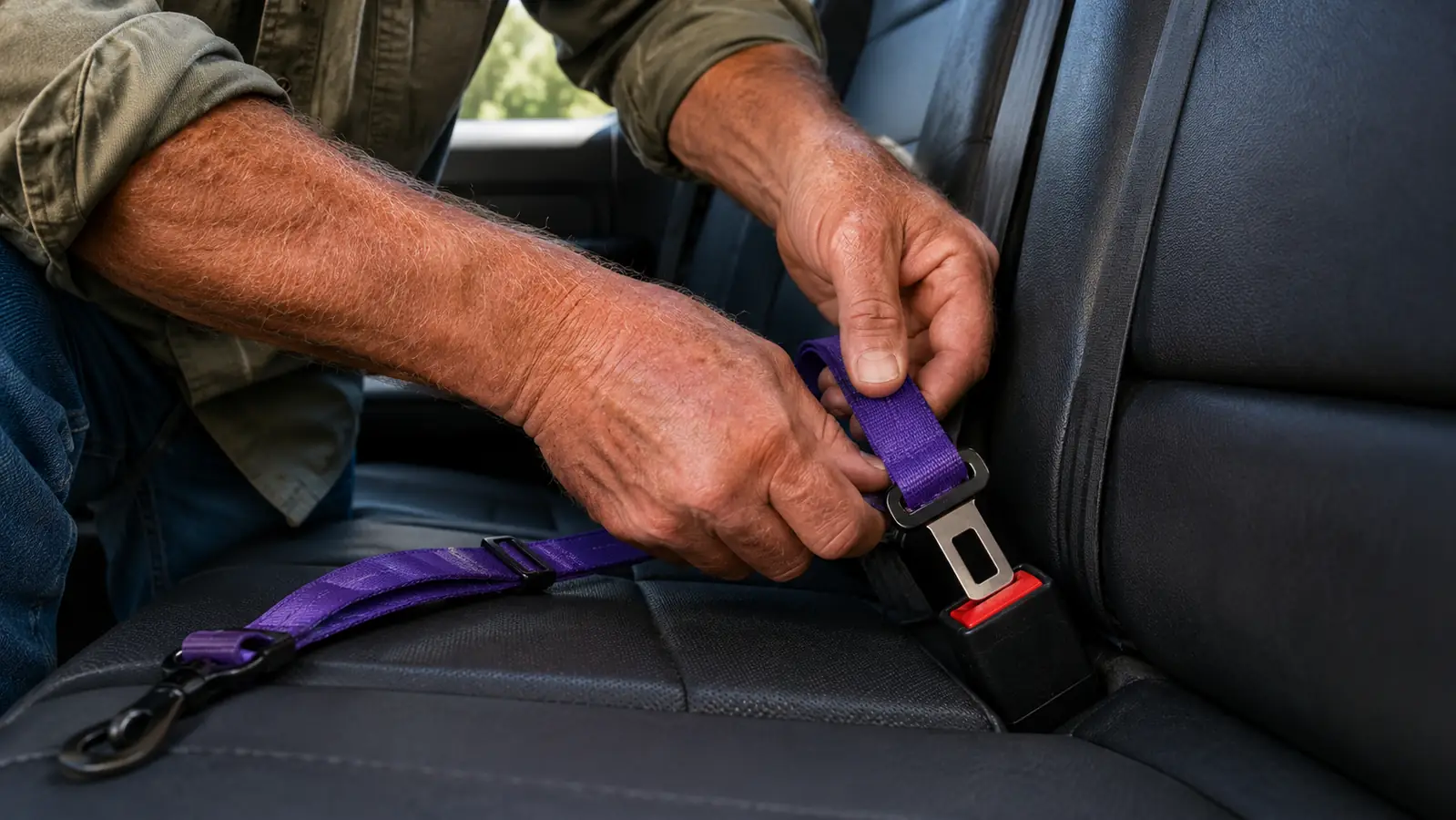 A person's hands adjusting the chest strap of a harness on a large dog standing beside an open truck door.