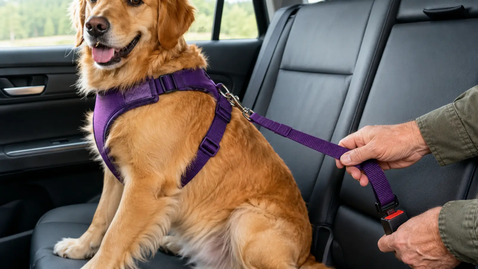 A hand clipping a seat belt tether to the harness on a dog in the back seat of a truck.
