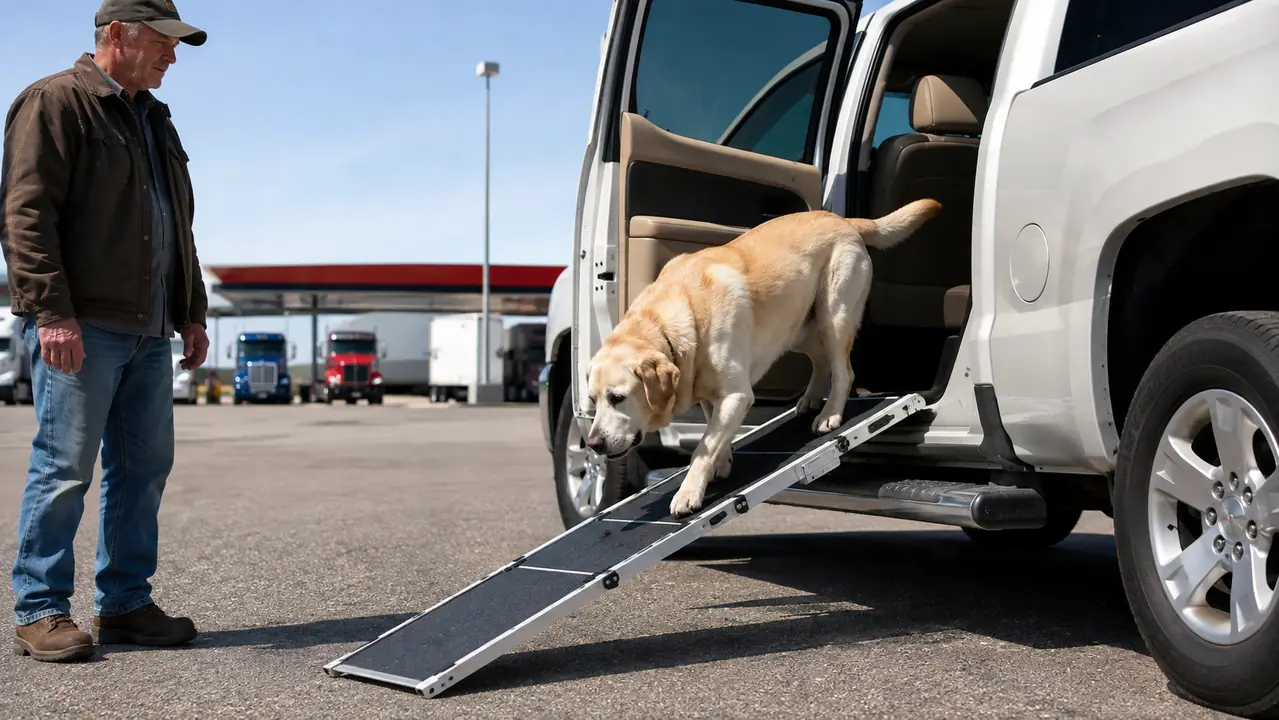 A large dog walking up a folding ramp into the open back door of a pickup truck.