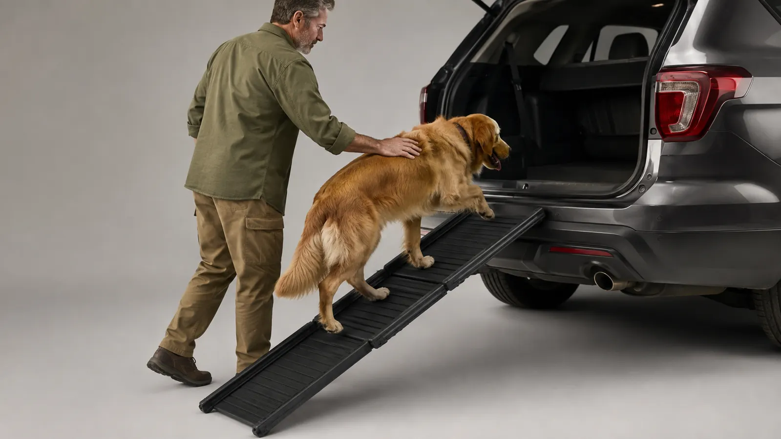 A large dog walking down a folding dog ramp from the open tailgate of a pickup truck while a hand steadies the edge of the ramp.