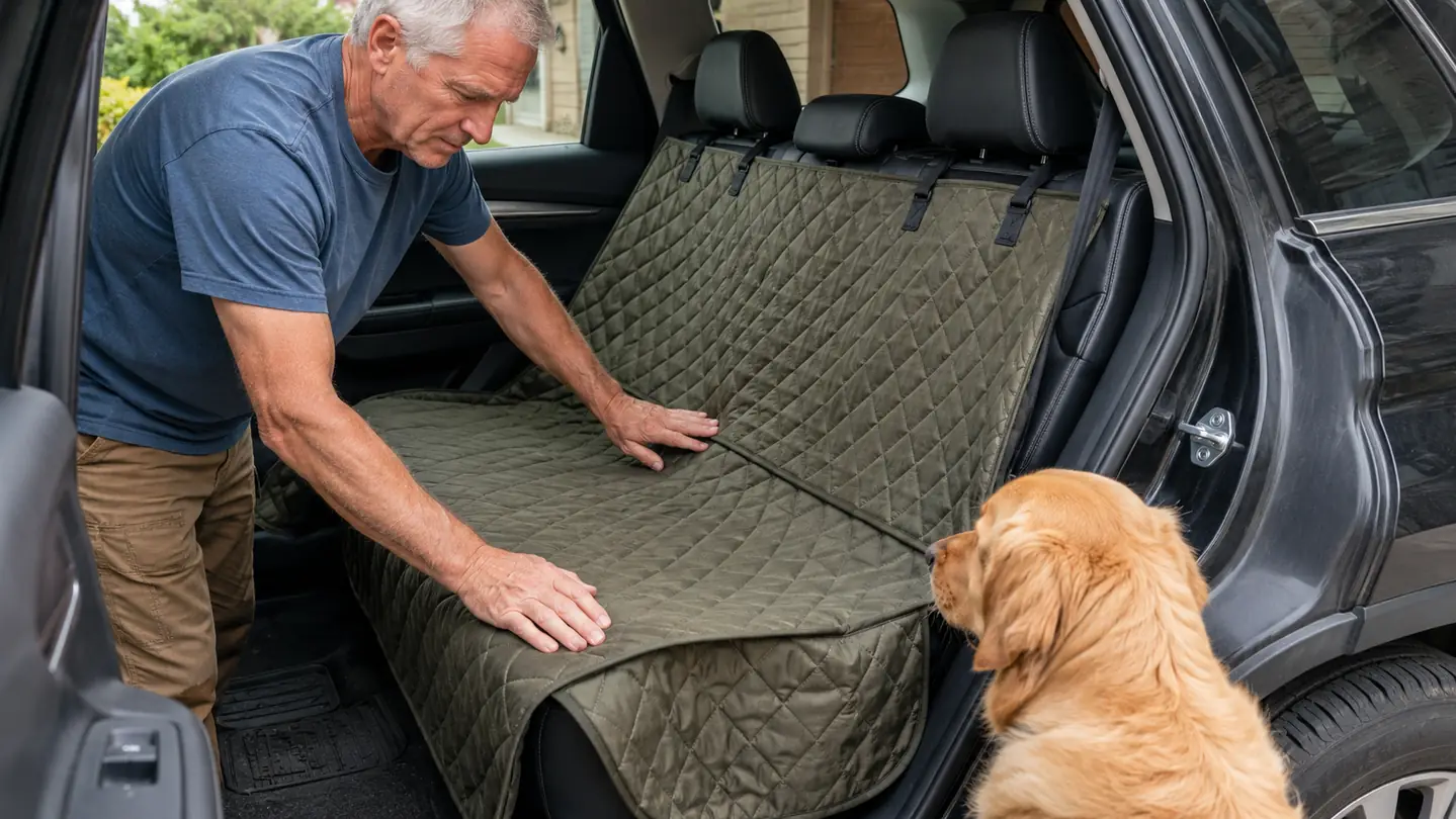 A dog lying on a waterproof seat cover in the back seat of a pickup truck, head resting on the center flap, truck door open.