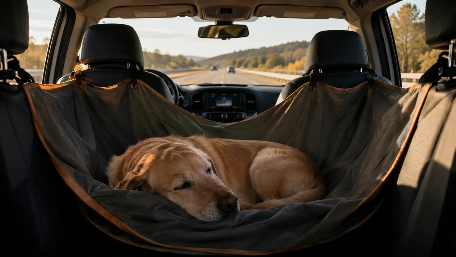 A hand wiping down a seat cover with a towel inside a pickup cab while a dog watches from the front seat.