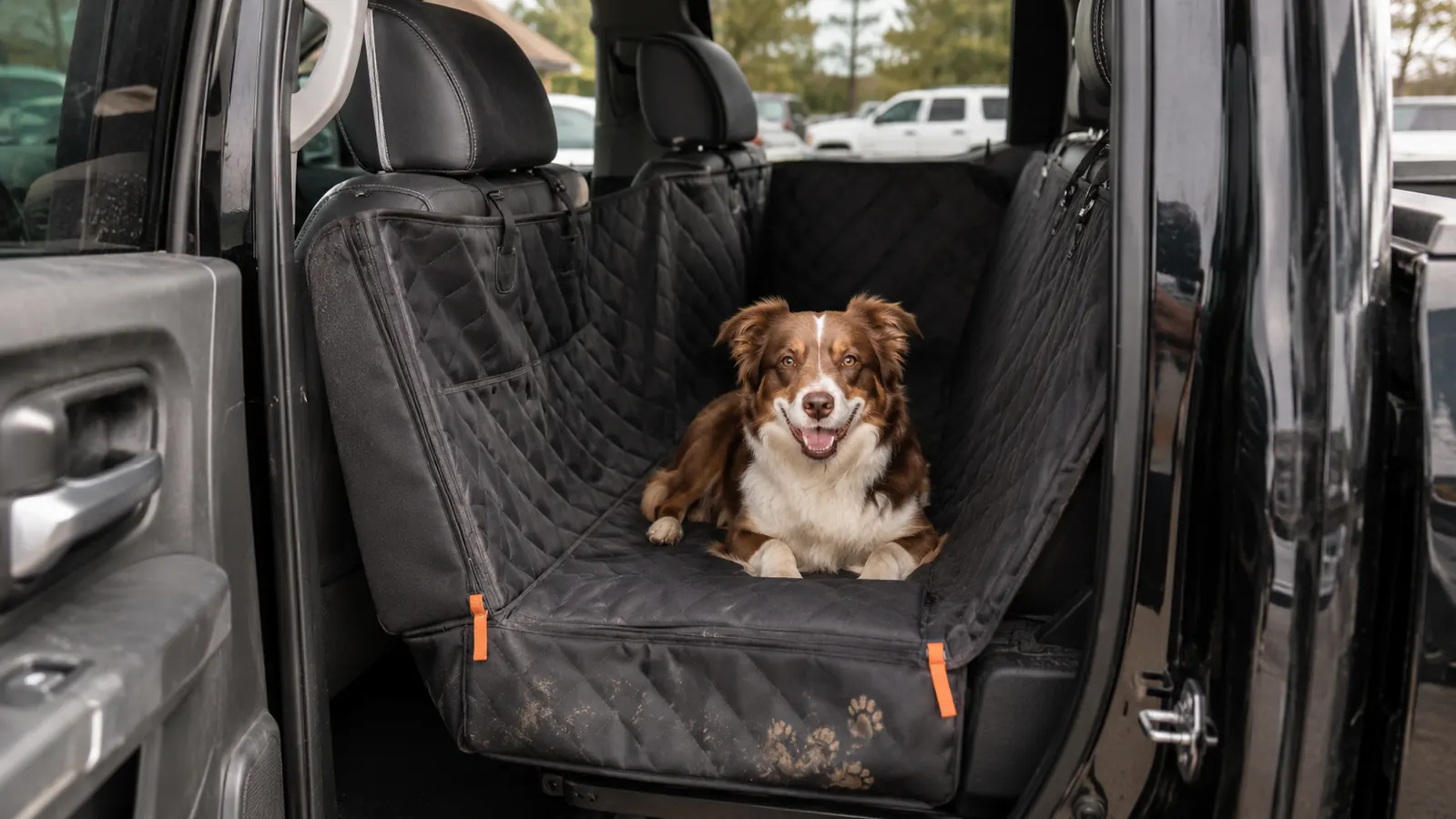 The back seat of a crew cab truck with a hammock-style dog seat cover installed.