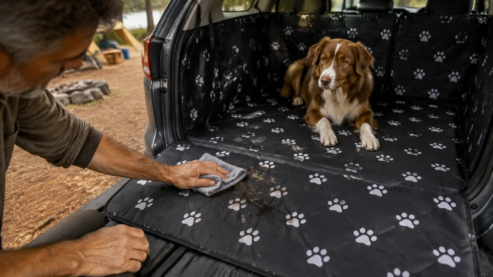 hand wiping dog hair from a cargo liner inside a truck cargo area