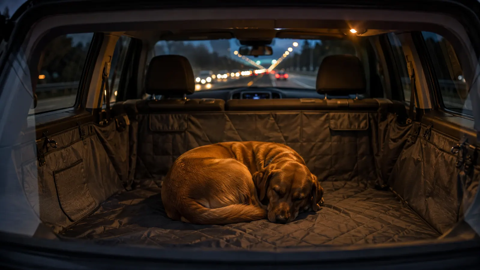 A dog's wet paw prints crossing a protective cargo liner in an open vehicle cargo area, with a hose and bucket nearby