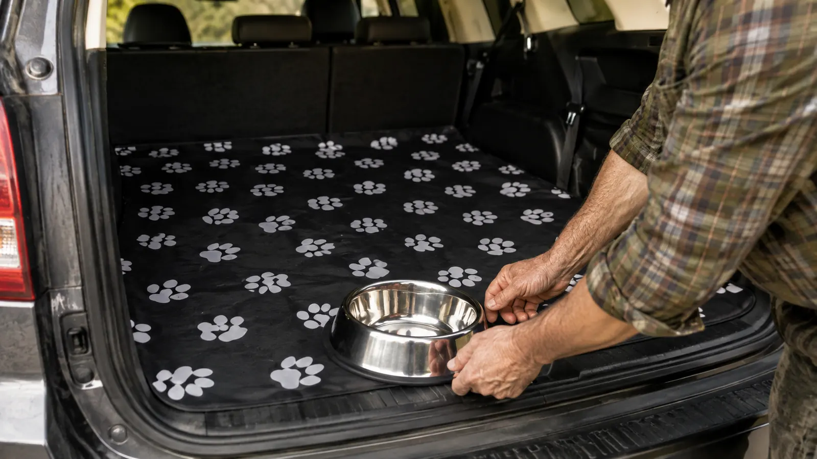 A large dog climbing into a pickup truck onto a protective cargo liner while a person holds the liner in place