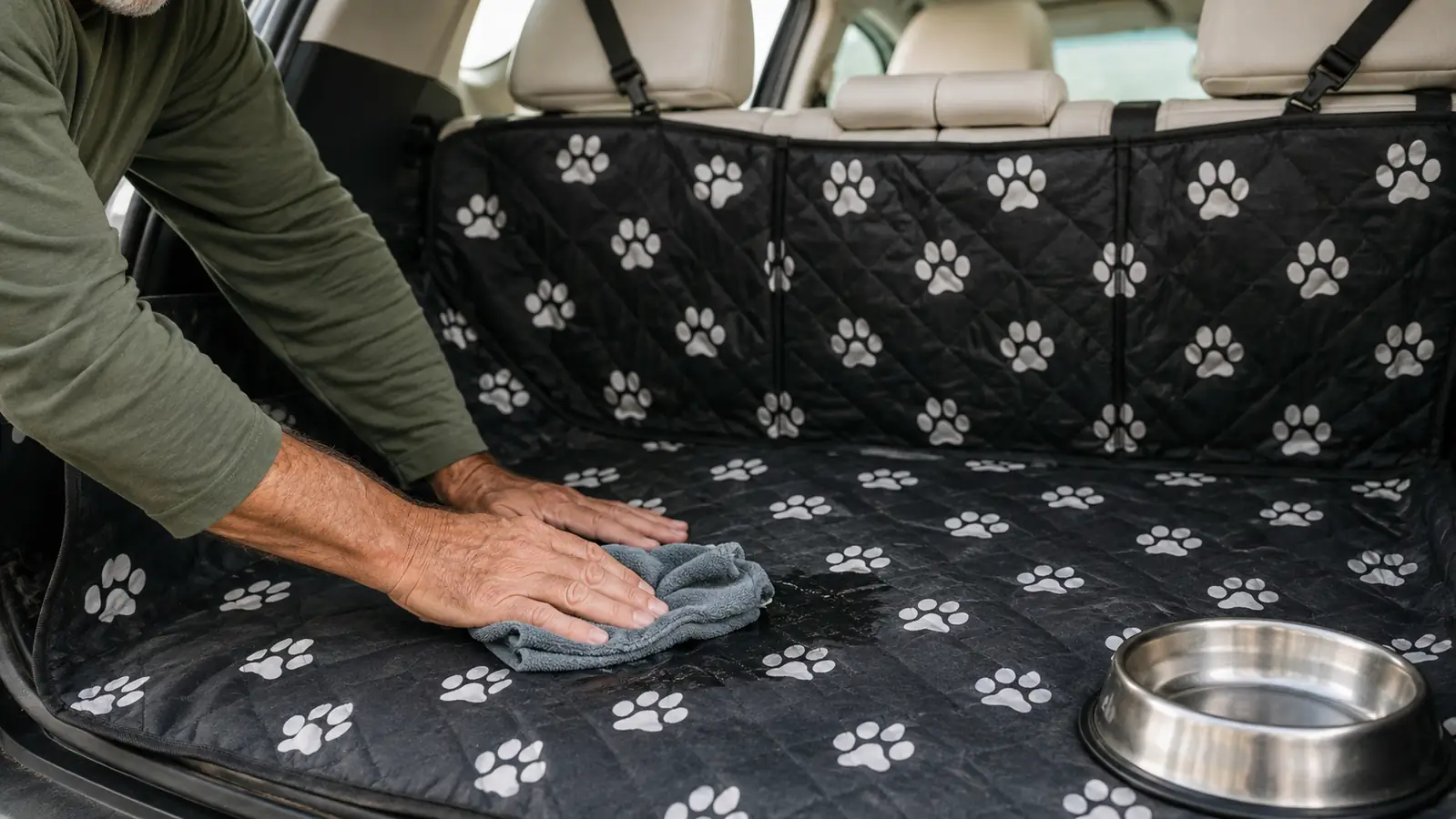 A hand smoothing a cargo liner into place behind the folded back seats of an SUV
