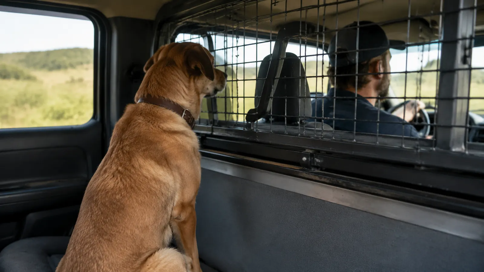 A mesh back seat barrier installed behind the rear seats of an SUV, seen from the cargo area
