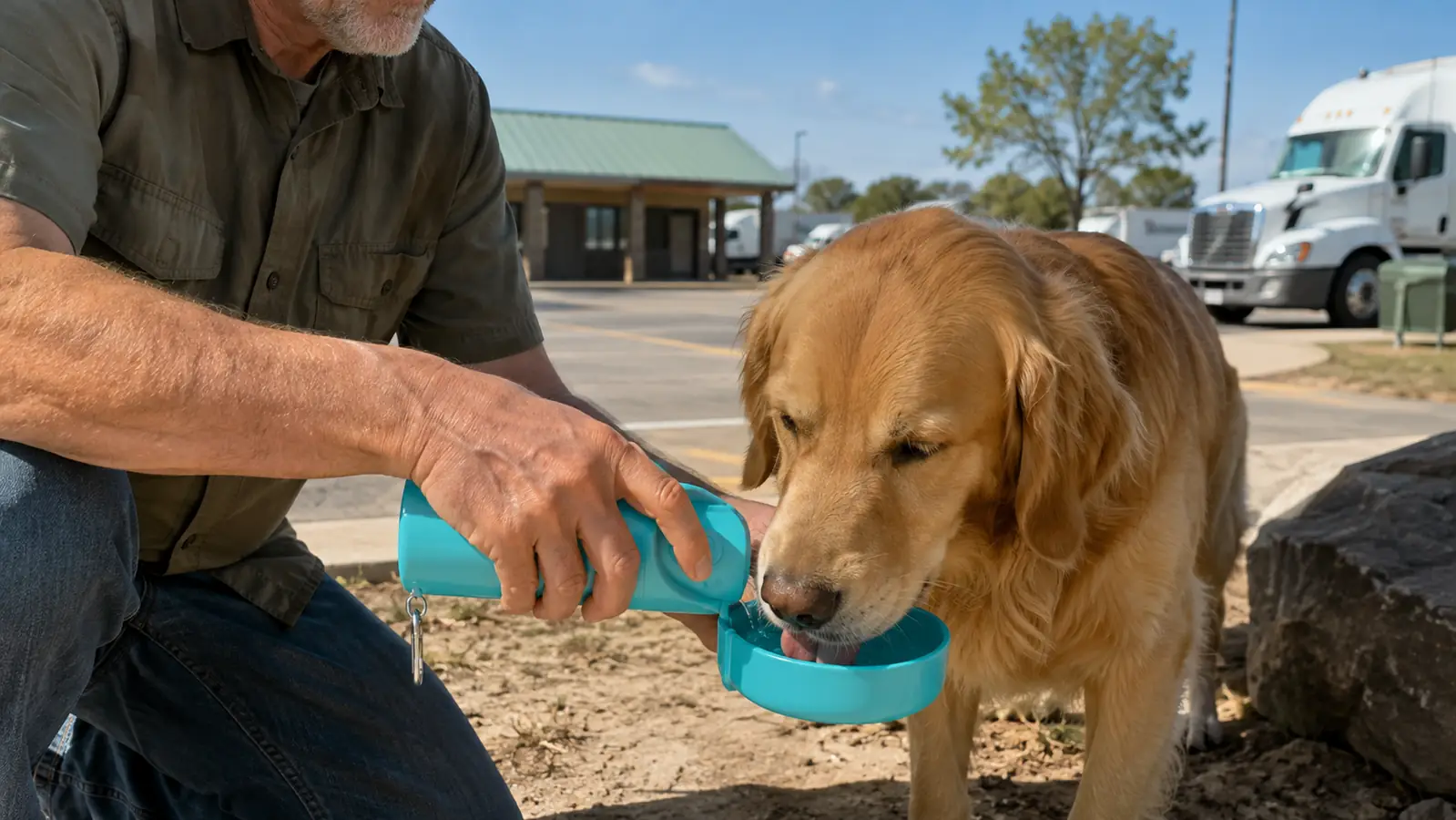 A hand holding the travel water bottle while a large dog drinks from the attached tray