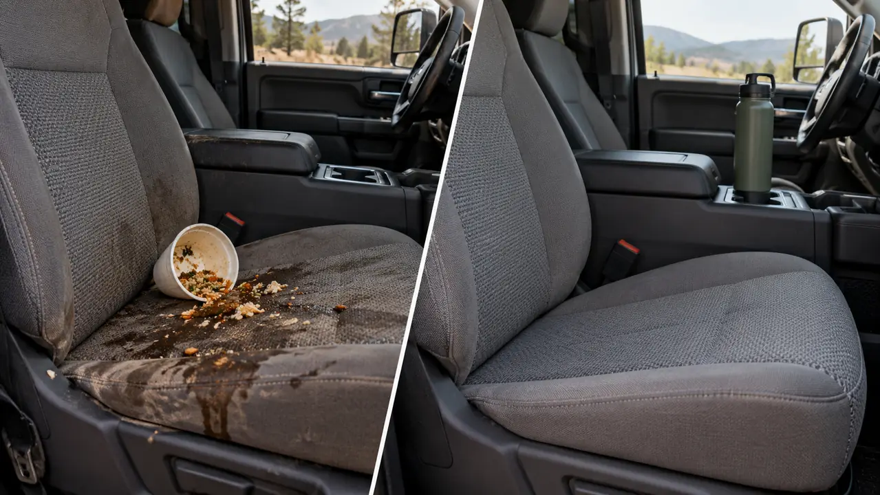 The travel water bottle standing upright in a truck door pocket with a large dog resting on the back seat beyond it