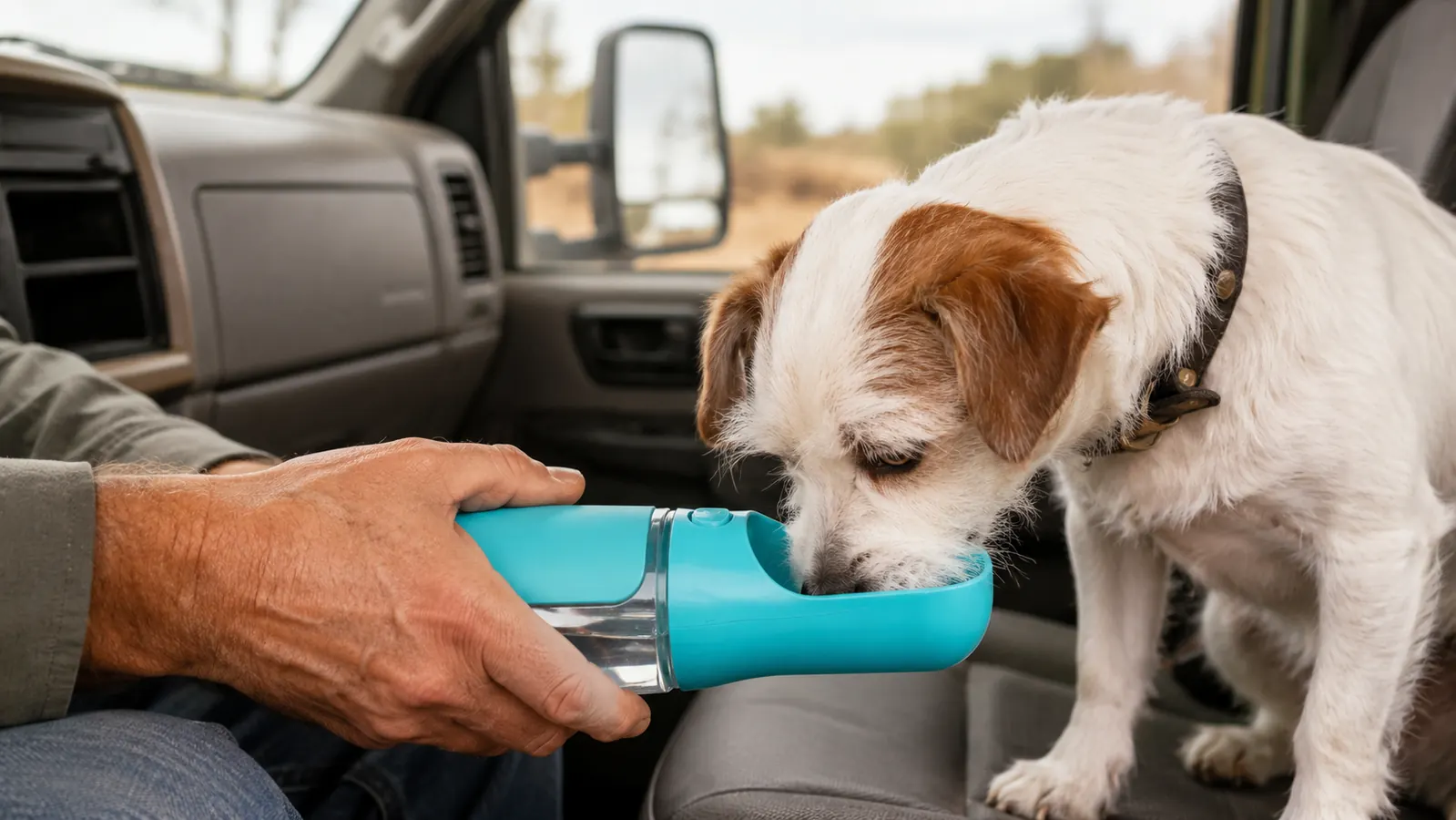 A hand holding a travel water bottle while a dog drinks from the spout