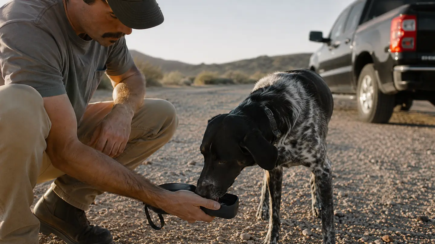 A travel water bottle and a folded towel on a pickup tailgate at a rest stop, dog waiting nearby