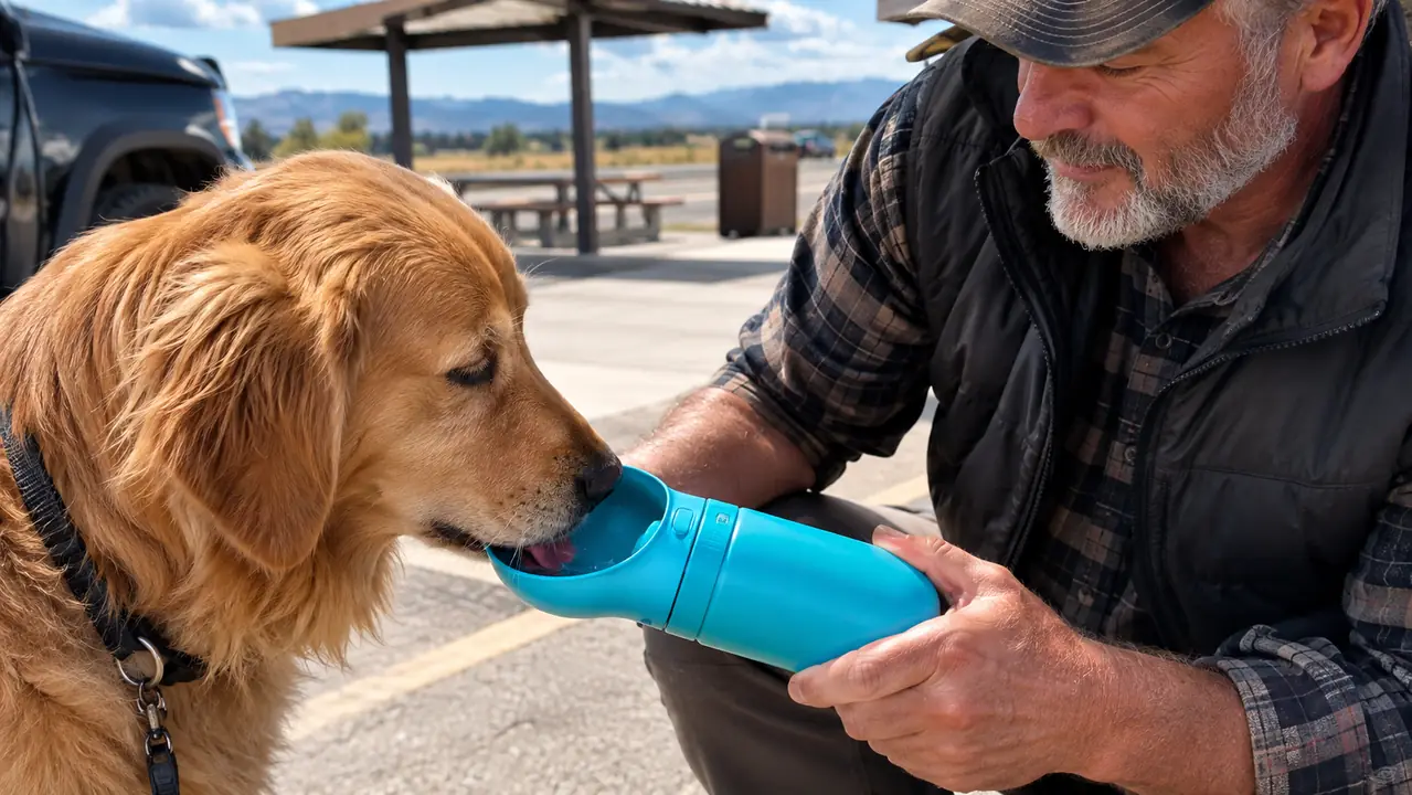 A person's hand holding a water bottle dispenser toward a large dog in a truck back seat