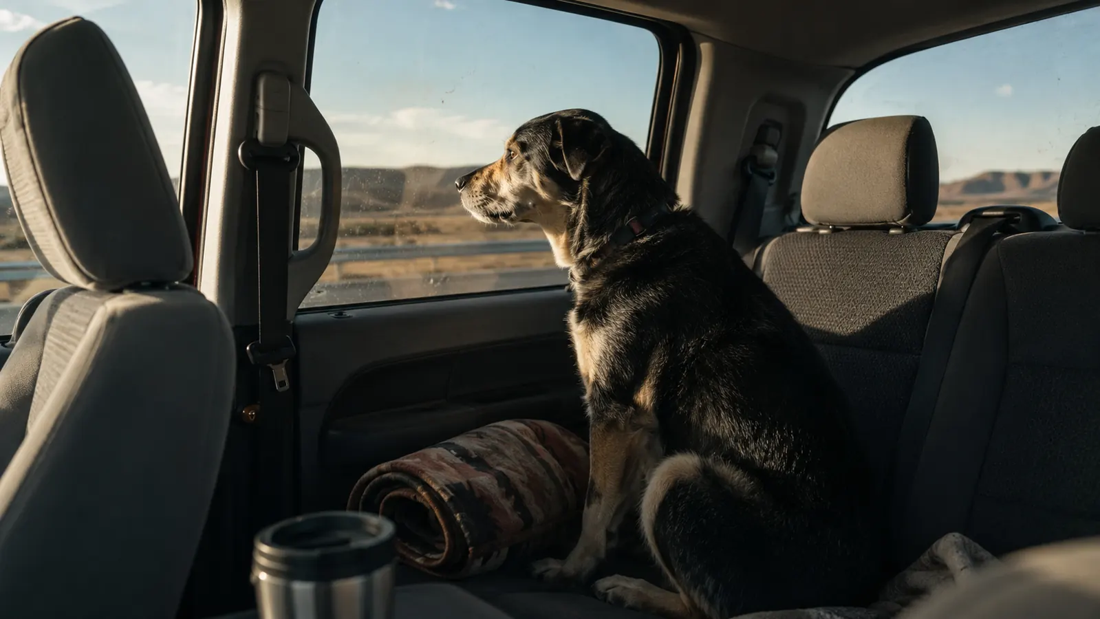 A dog settled on the back seat of a pickup truck looking out at a highway in late afternoon light