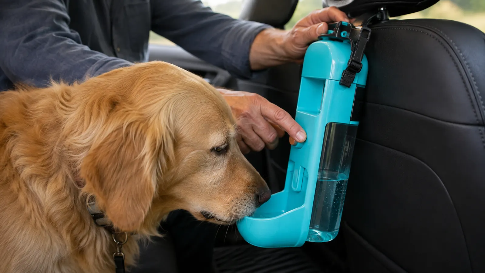 a hand offering a travel water bottle with a small open cup to a large dog on a car seat