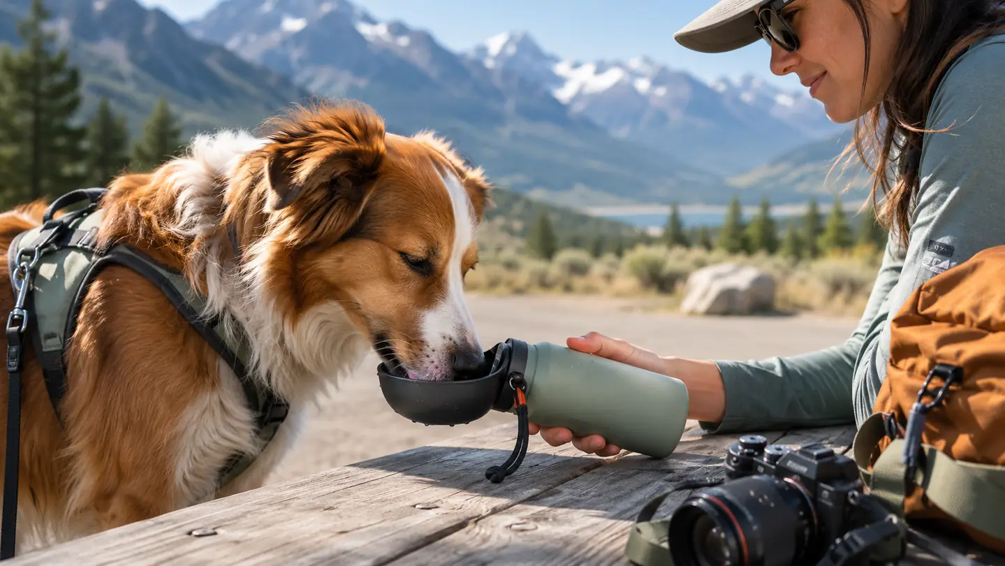 a large dog drinking from a travel water bottle held by a person at a rest area