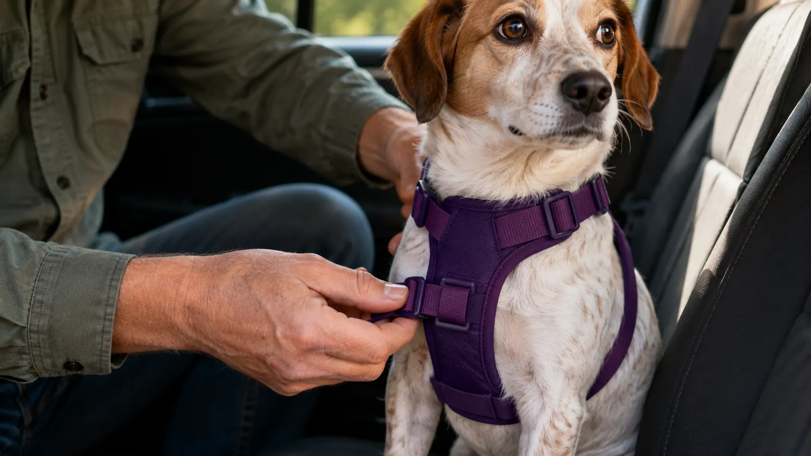 A hand adjusting the chest strap of a dog harness on a large dog beside a truck