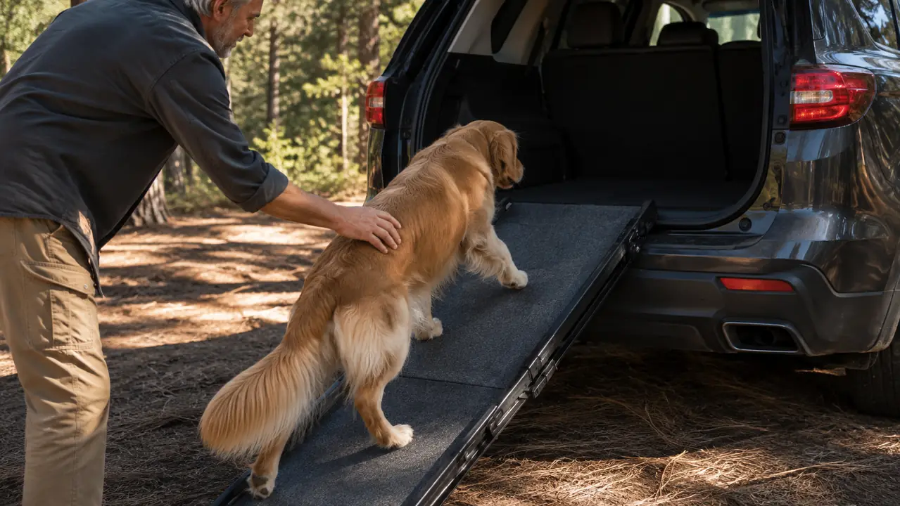 A hand setting a folding dog ramp against the rear bumper of a pickup truck while a dog waits on the ground