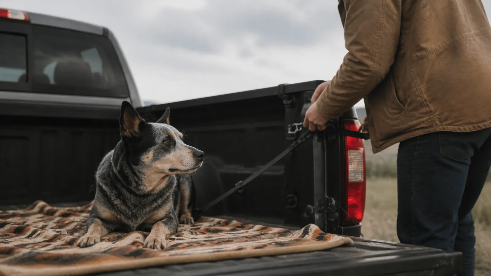 A large dog sitting calmly in the back seat of a pickup truck through an open rear door