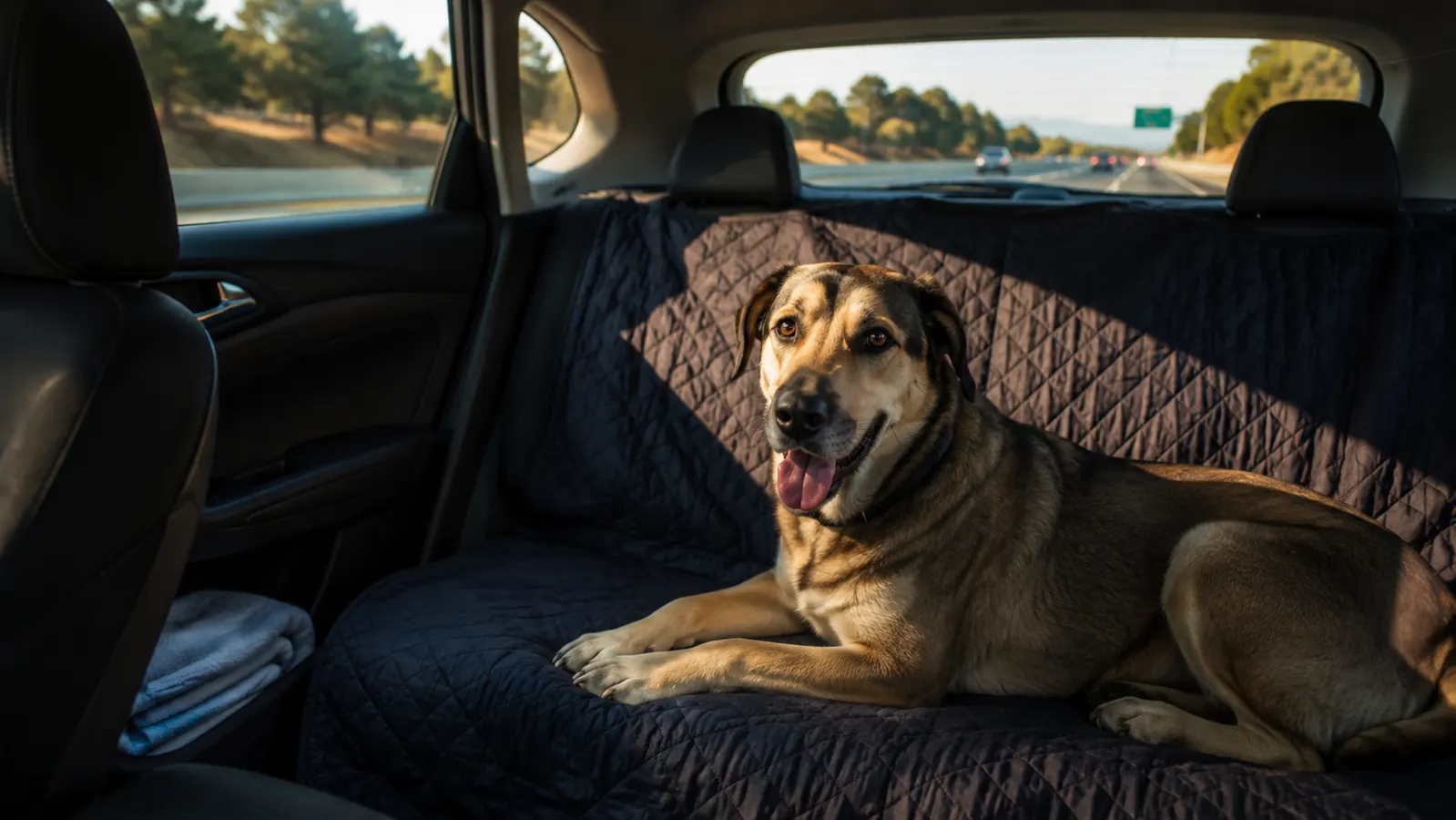 Close-up of a dog's paw with trimmed nails resting on the fabric of a car seat cover
